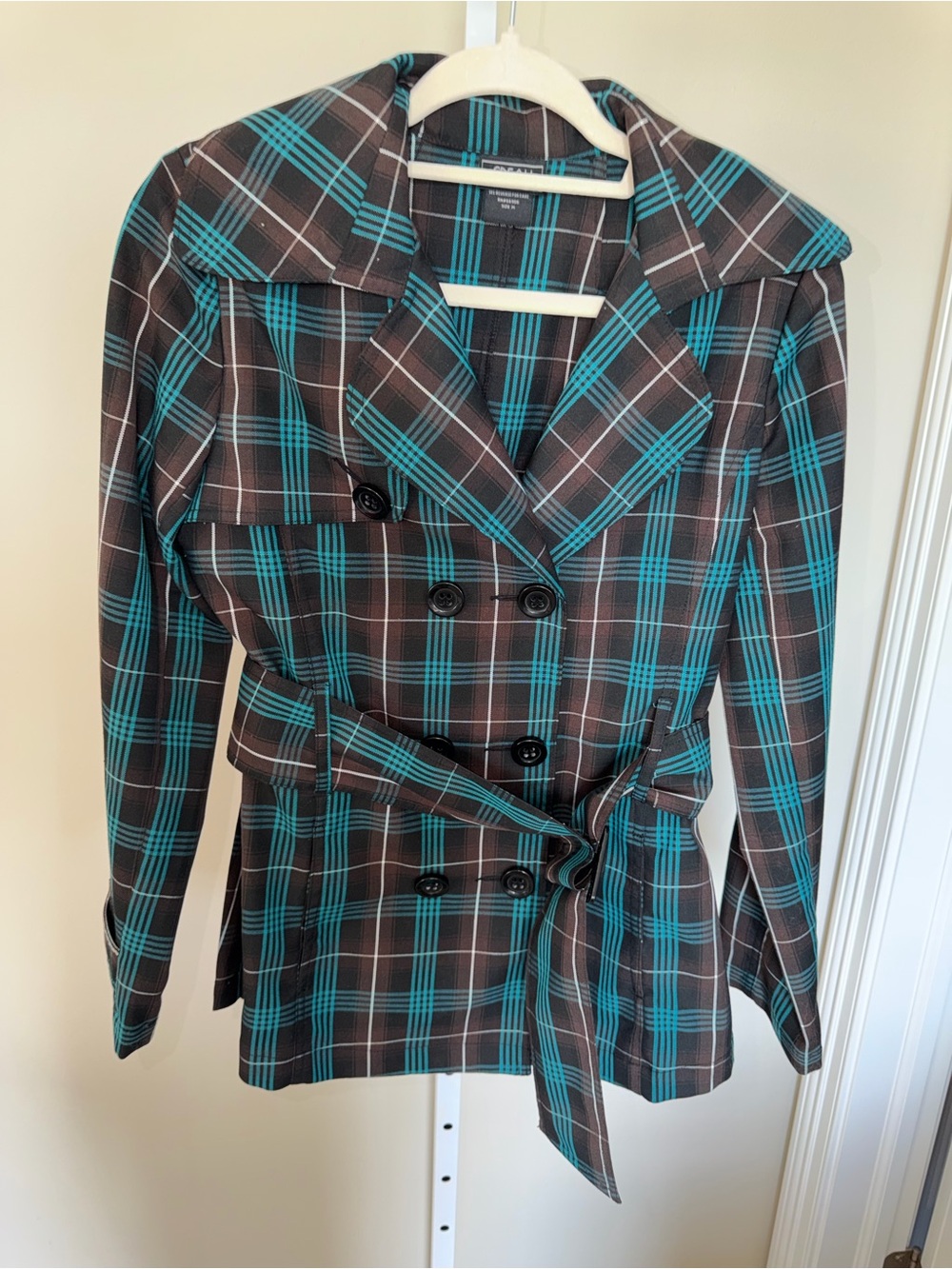 Speak 2 Me Plaid Double Breasted Blazer Jacket Belted Teal Black Medium Y2K